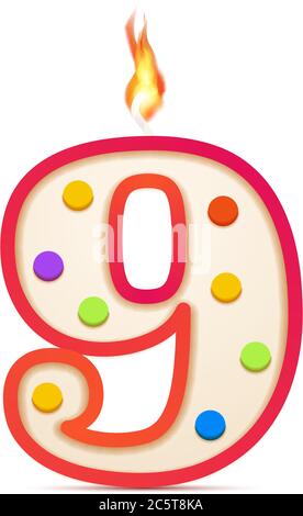 Nine years anniversary, 9 number shaped birthday candle with fire on white Stock Vector