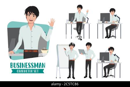 Businessman office desk character vector set. Business man office young male characters in standing and sitting in desk table working with computer. Stock Vector