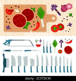 Meat cutting knives set. Cooking juicy beef steak. Grilled ribeye beef steak, herbs and spices. Meat Knife. Set of butcher meat knives for butcher Stock Vector