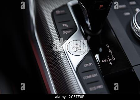 Start and stop engine push button. Modern car Stock Photo