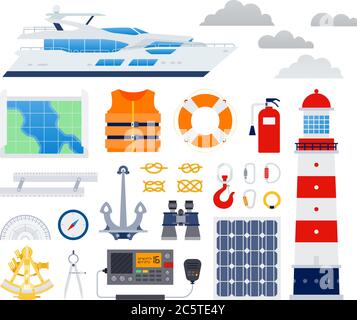 Set of Marine Boat Equipment flat vector illustration. Stock Vector