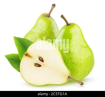 Isolated green pear fruits. Two green pears and a half with seeds isolated on white background Stock Photo