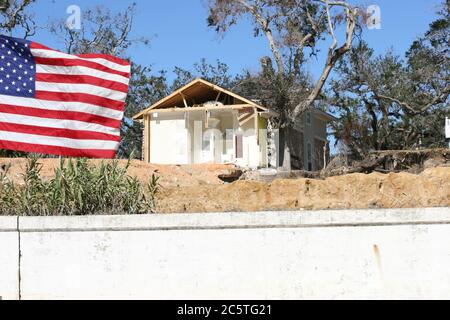 Parade after Hurricane Katrina in Ocean Springs, Mississippi near Biloxi with American flag. Stock Photo