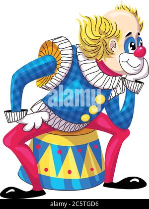 Clown on drums icon. Cartoon of clown on drums vector icon for web design isolated on white background Stock Vector