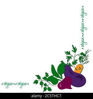 vegan food, corner from a set of drawn vegetables and fruits for the design of promotional materials, for cafes and restaurants Stock Vector