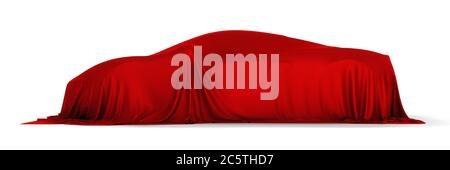 New racing design car covered with red cloth. 3d rendering illustration isolated Stock Photo