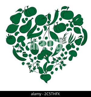 vegan banner with a heart of fruits and vegetables pineapple, cherry, tomato, onion, parsley, apple, pear, peach, plum, mushrooms, broccoli Stock Vector