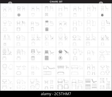 A set of chairs, armchairs, sofas, chaise lounges. Vector. Isolated on white background. Top view, side view, front view. Linear graphics. Stock Vector