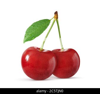 Two cherries with leaf isolated on white background. Clipping path. Stock Photo