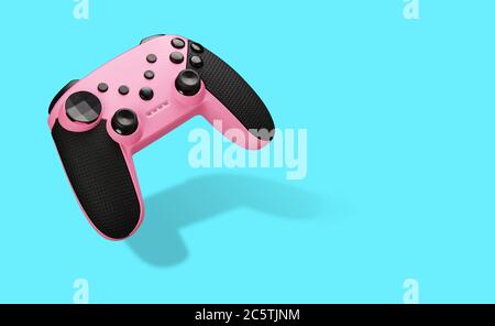 modern pink joystick. Video game controller on blue background. Clipping path Stock Photo