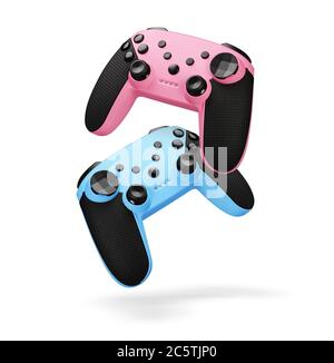 two modern joysticks. Video game controllers isolated on white background. Stock Photo