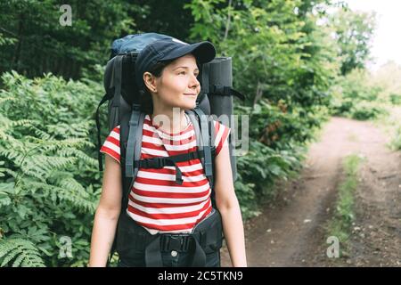 woman hiker with large backpack Stock Photo