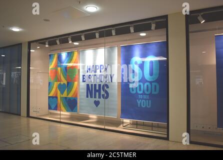 Happy Birthday NHS poster at centre:mk, Milton Keynes. Stock Photo