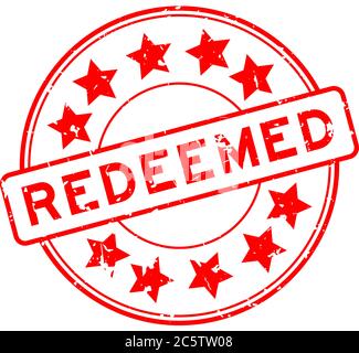 Grunge red redeemed word with star icon round rubber seal stamp on white background Stock Vector