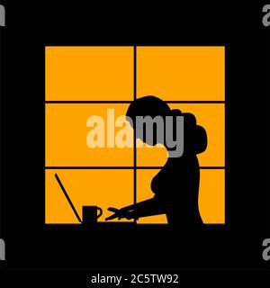 Woman works with laptop late at night. Vector concept illustration. Stock Photo