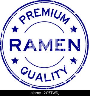 Grunge blue premium quaity ramen word round rubber seal stamp on white background Stock Vector