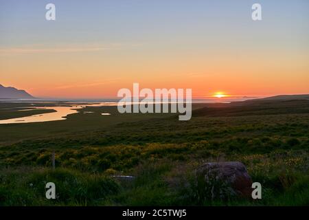 Midnight sunset in Skagafjordur in the north of Iceland Stock Photo