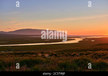 Midnight sunset in Skagafjordur in the north of Iceland Stock Photo