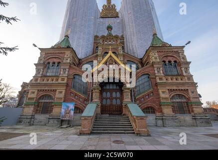 Restoration of The Cathedral of Saints Peter and Paul. Russian Orthodox church located in Peterhof, Russia near Saint Petersburg. Stock Photo