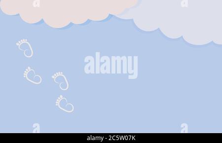 blue sky background baby footprints and white clouds for greeting card with newborn or happy birthday Stock Vector