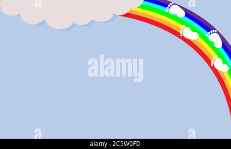 blue sky background baby footprints on rainbow and white clouds for greeting card with newborn or happy birthday Stock Vector