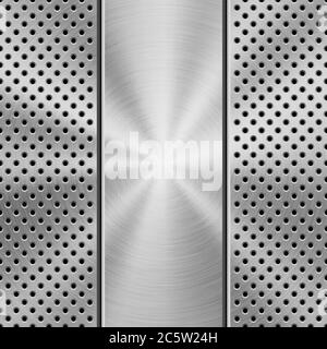 Metal texture technology background with grate perforated pattern, circular polished, brushed concentric texture, chrome, steel, silver. Stock Vector