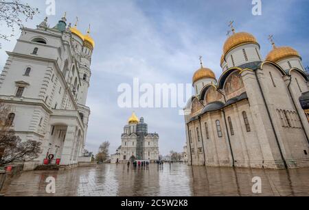 Assumption Cathedral, Archangel Michael Sobor and Ivan the Great Bell-Tower church in Cathedral square of the Moscow Kremlin, Moscow, Russia Stock Photo