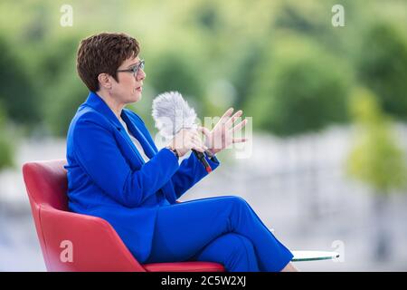 Berlin, Germany. 05th July, 2020. Annegret Kramp-Karrenbauer (CDU), Federal Minister of Defense and CDU Federal Chairwoman, answers the questions of moderator Hassel in the ARD summer interview. Credit: Christophe Gateau/dpa/Alamy Live News