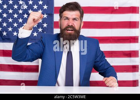 American reform. July 4. American citizen usa flag. American citizen. Elections and debates. Every vote matters. National holidays. Celebration of victory. Bearded hipster man being patriotic for usa. Stock Photo