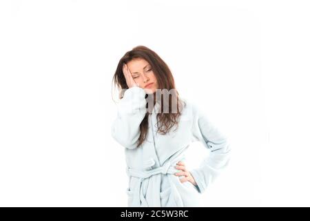 Tired again. Hard morning. Girl sleepy face. Insomnia effects. Sleepy woman Sleep disorders. Drowsy and weak in morning. Morning routine. Emotionally challenging. Take rest. No makeup. Need rest. Stock Photo