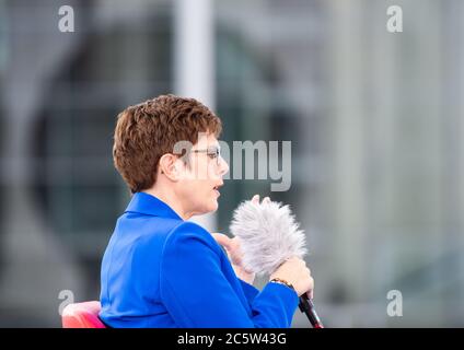Berlin, Germany. 05th July, 2020. Annegret Kramp-Karrenbauer (CDU), Federal Minister of Defense and CDU Federal Chairwoman, answers the questions of moderator Hassel in the ARD summer interview. Credit: Christophe Gateau/dpa/Alamy Live News