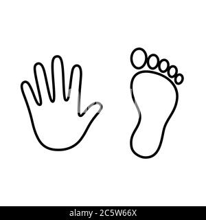 Human hand and foot print outline, stylized handprint and footprint trace. Black and white line art icon, vector illustration. Stock Vector