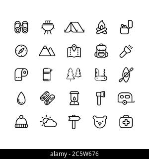 Camping icon set. Simple vector line icons of hiking, backpacking and the outdoors. Stock Vector