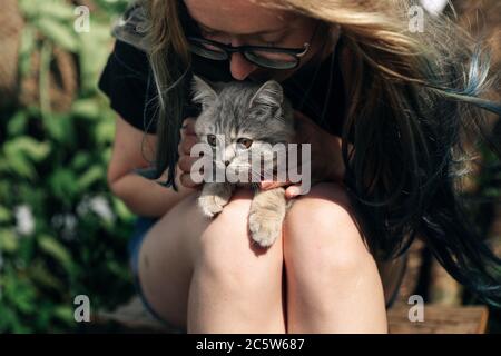 A young woman is holding a Scottish Straight kitten outdoors. Close-up, natural daylight Stock Photo