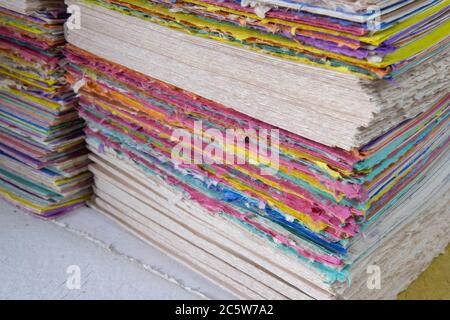 Bhutan, Thimphu. Stacked handmade paper. Stock Photo