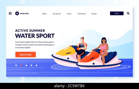 Young couple on jet ski. Vector flat cartoon people characters illustration. Summer outdoor leisure activities and extreme sport. Man and woman rides Stock Vector