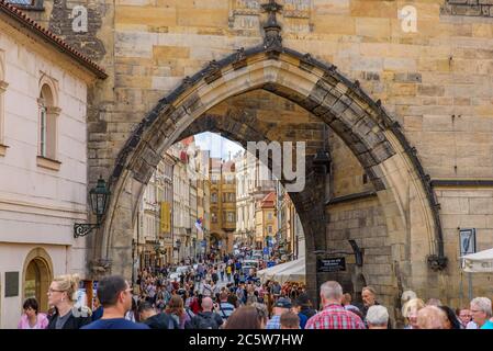 The arch between Charles Bridge and the old town in Prague, Czech Republic Stock Photo