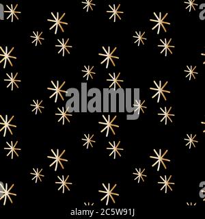 Golden snowflakes on black background. Seamless pattern in scandinavian modern style. Ornament for fabric, wallpaper, packaging, cards, wrapping paper Stock Vector