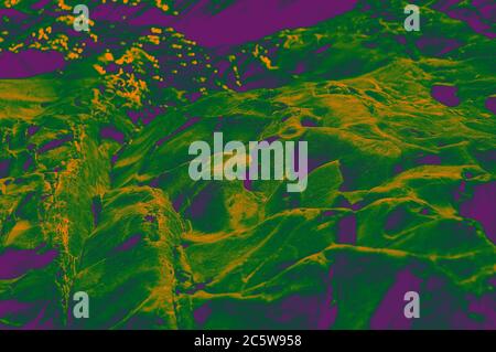Аbstract pattern in the composition of the wall is painted in green violet yellow, geometric figures on the canvas. Bright modern background. Stock Photo