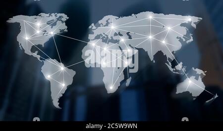 World map with international communication network, collage with blurred megapolis buildings on background Stock Photo