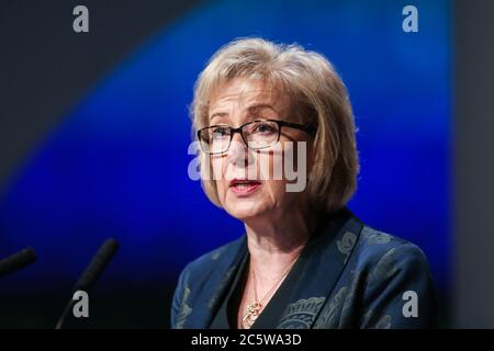 Secretary of State for DEFRA Andrea Leadsom speaking at the 2017 NFU Conference at the ICC in Birmingham, West Midlands, UK. Stock Photo