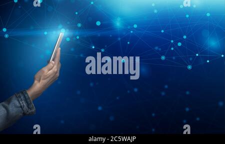 Worldwide connections and technologies. Collage with man holding mobile phone and mesh network, empty space Stock Photo