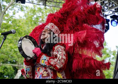 Wild Magnolias leader Big Chief Monk Boudreaux performing at Central Park SummerStage in New York City in 2018 Stock Photo