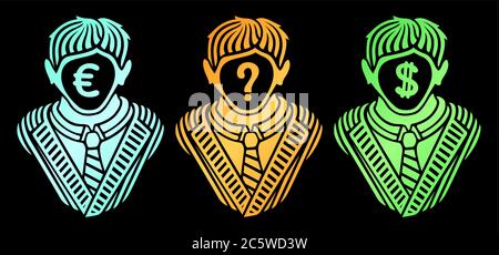 Three cliparts with businessmans silhouettes and currensy symbols on black background Stock Vector