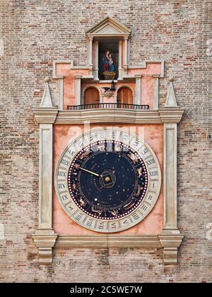 Macerata, Marche, Italy: the astronomical clock with movement of planets, constellations and zodiac signs, on the facade of the civic tower. Stock Photo