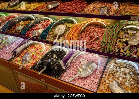 Various types of candies, jellies and sweets to buy, in pick and choose candyshop Stock Photo