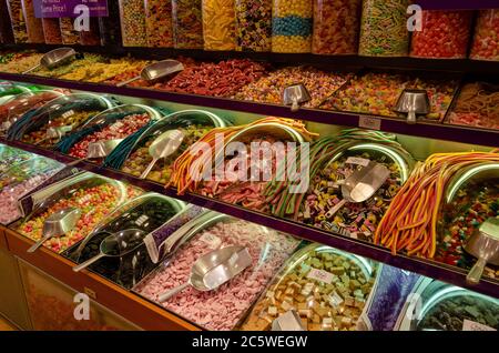 Various types of candies, jellies and sweets to buy, in pick and choose candyshop Stock Photo