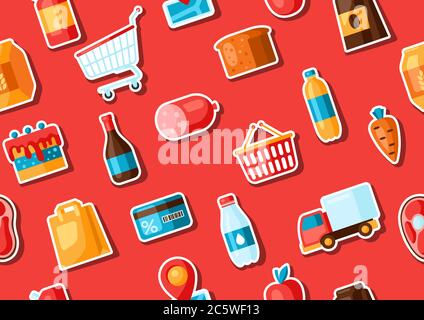 Supermarket seamless pattern with food stickers. Stock Vector