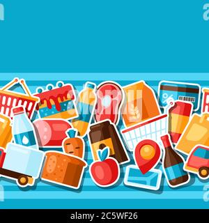 Supermarket seamless pattern with food stickers. Stock Vector