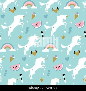 Seamless pattern with unicorns, clouds,stars, diamond, ice cream. Vector background illustration Stock Vector
